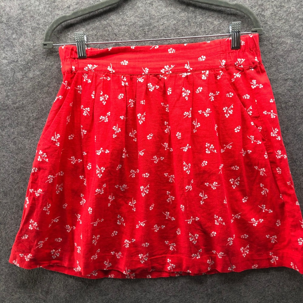 LOFT Linen Blend Mini Skirt Womens S Red White Floral Pull On Ditzy Flare